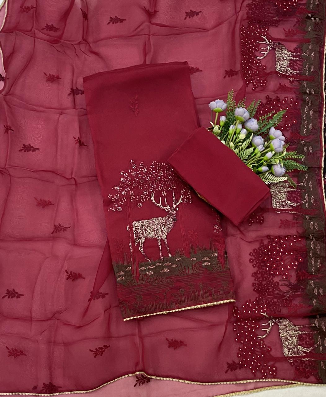 245D Pure Organza Dark Red  Suit Fabric/ CKC Partywear Collection