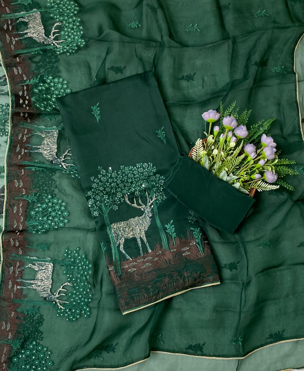 246D Pure Organza Dark Green Suit Fabric/ CKC Partywear Collection