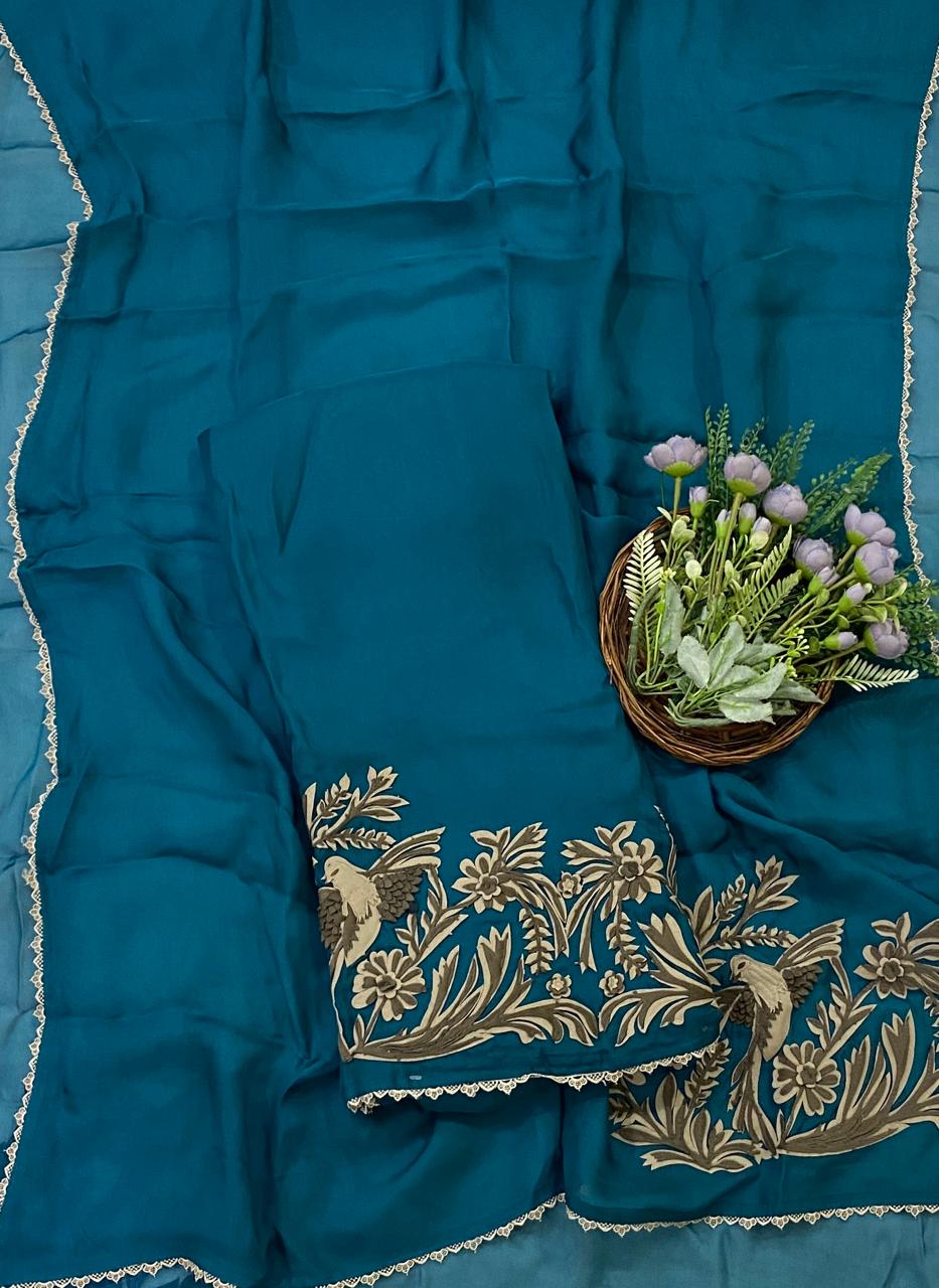 257D Pure Organza Dark Peacock Blue Suit Fabric/ CKC Partywear Collection