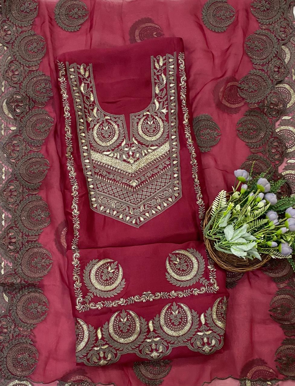 239D Pure Organza Dark Red Suit Fabric/ CKC Partywear Collection