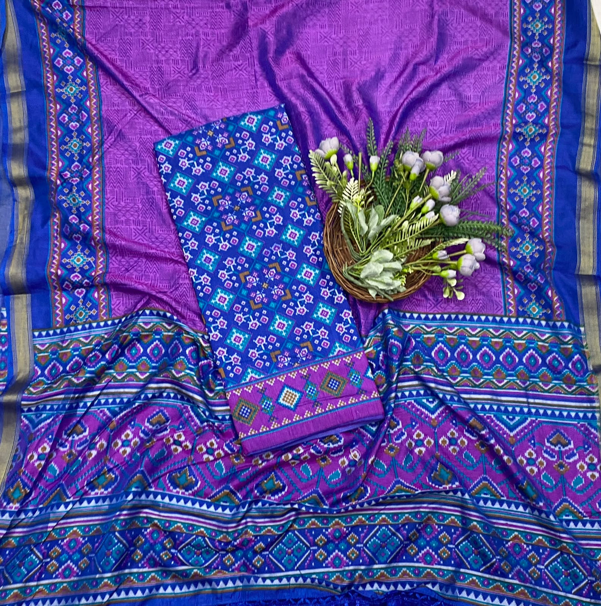 380D Patola Silk Blue Suit Fabric / CKC Patola Silk Suit