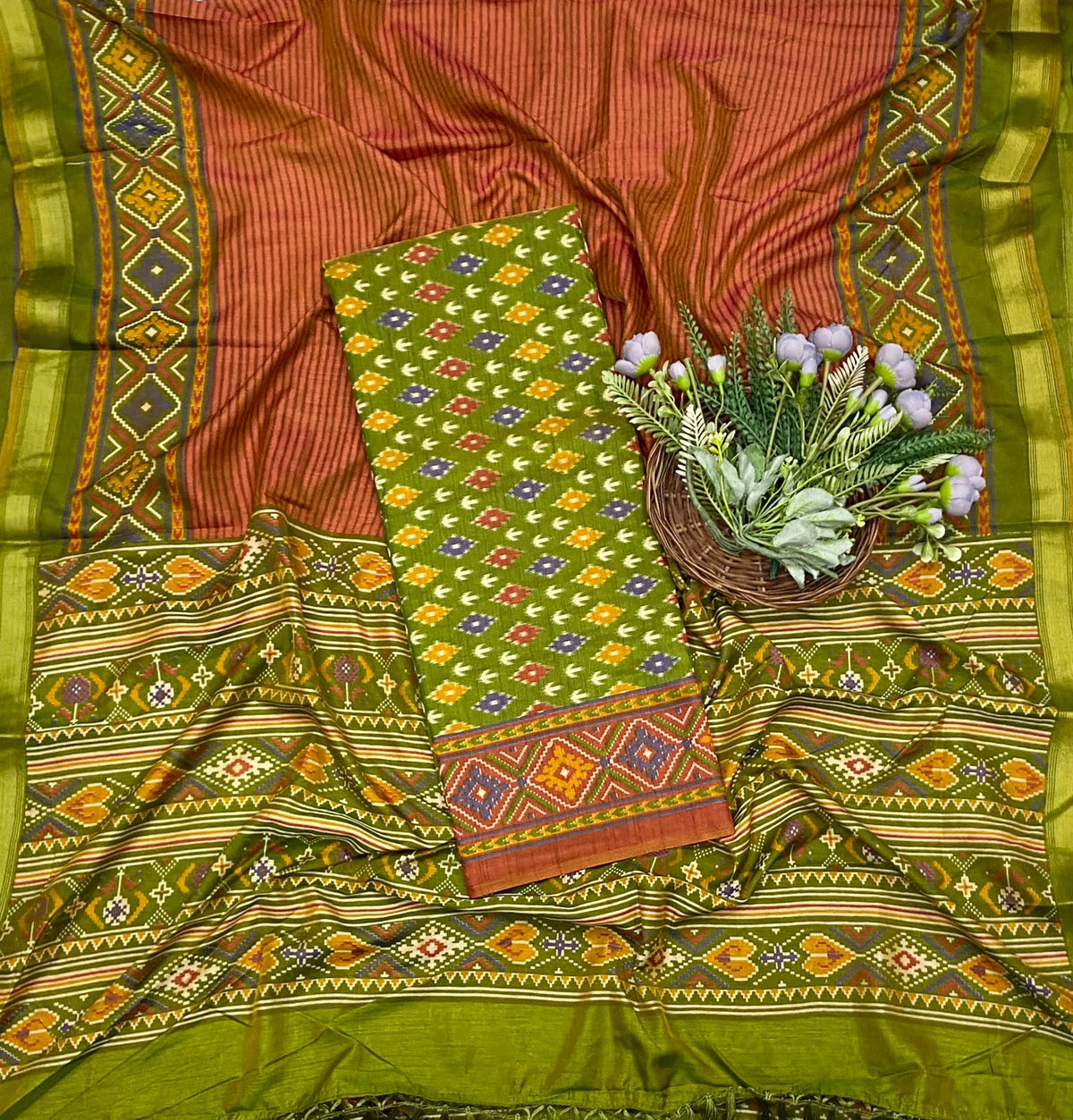 376D Patola Silk Mehndi Green Suit Fabric / CKC Patola Silk Suit