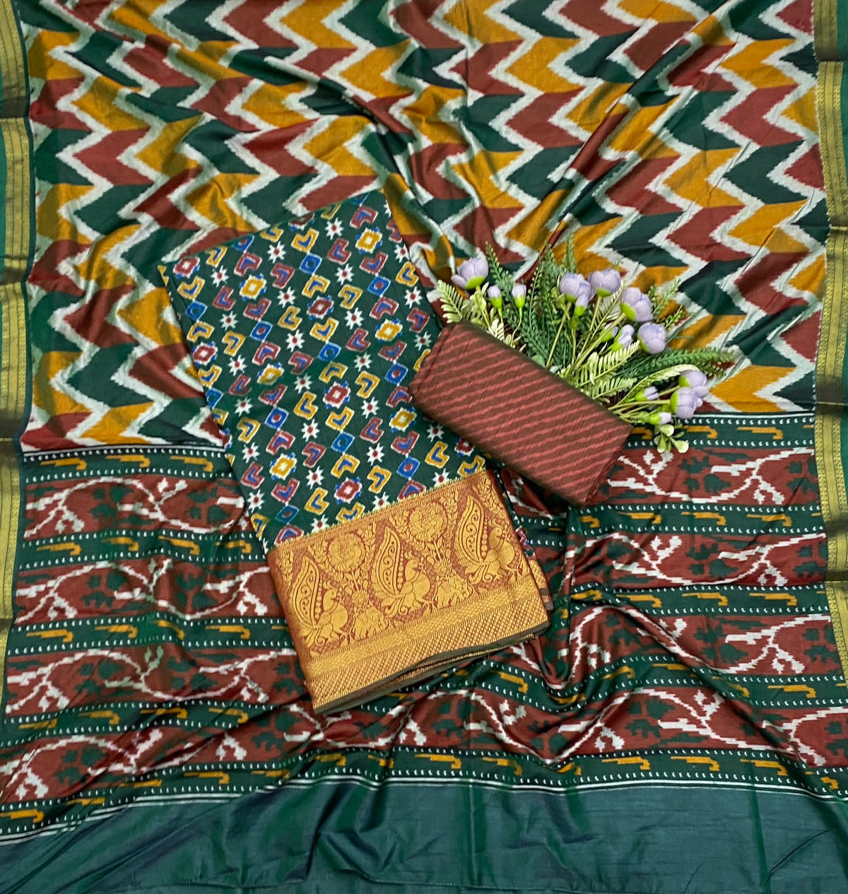 368D Patola Silk Green Suit Fabric / CKC Patola Silk Suit