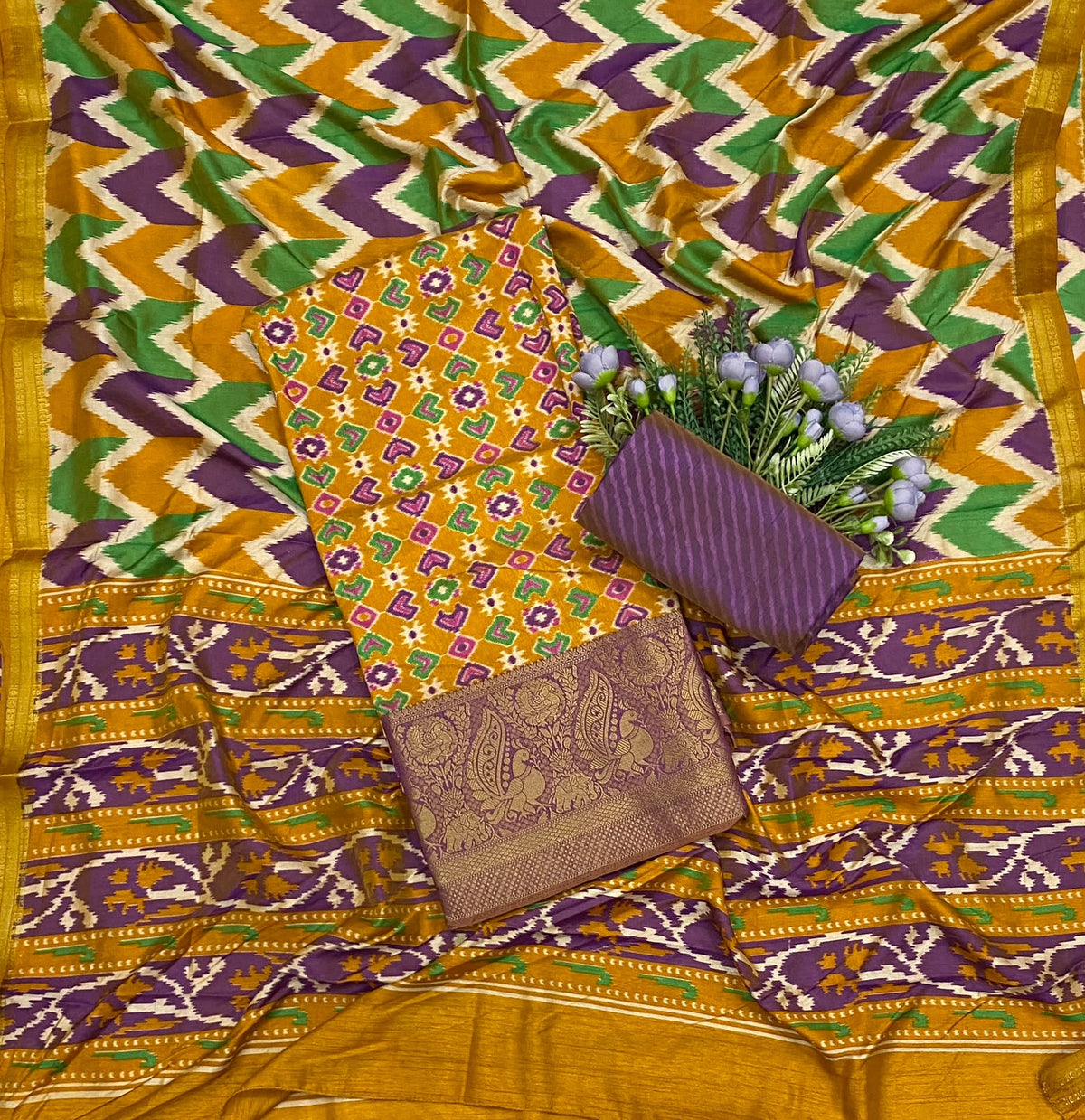 366D Patola Silk Yellow Suit Fabric / CKC Patola Silk Suit