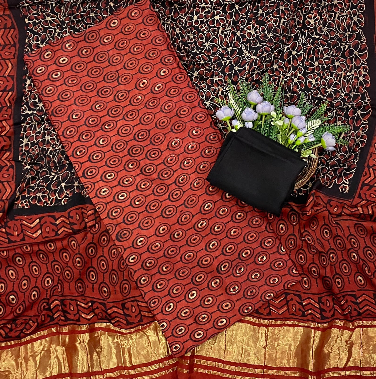 458D Modal Silk Red With Black Suit Fabric / CKC Jaipuri Suits
