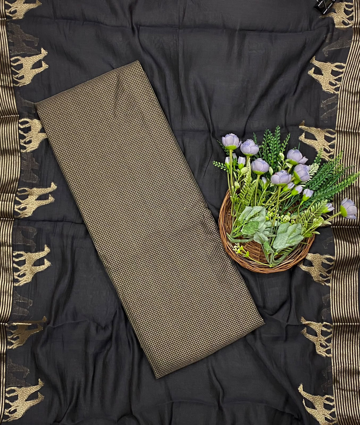 519D Pure Banarasi Mul Cotton Black  Suit Fabric / CKC Mul Cotton