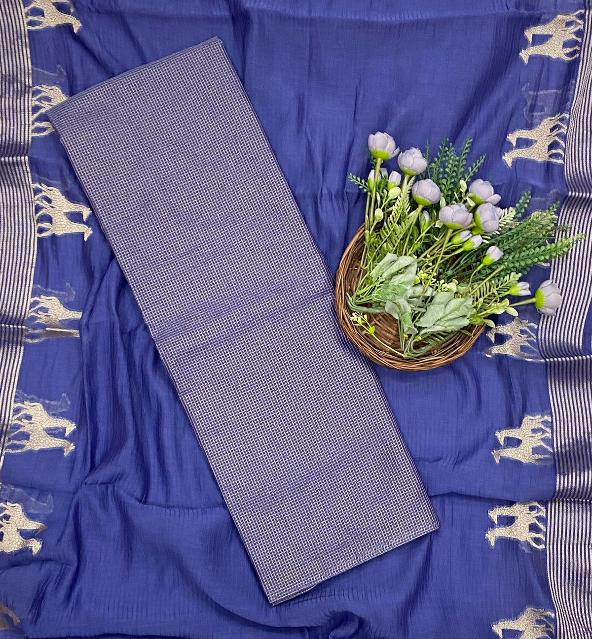 521D Pure Banarasi Mul Cotton Blue  Suit Fabric / CKC Mul Cotton