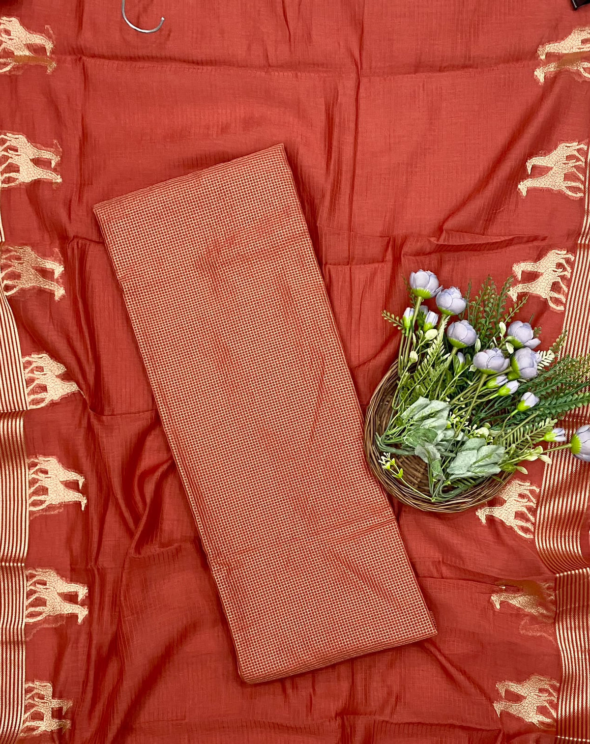 522D Pure Banarasi Mul Cotton Rust Orange Suit Fabric / CKC Mul Cotton