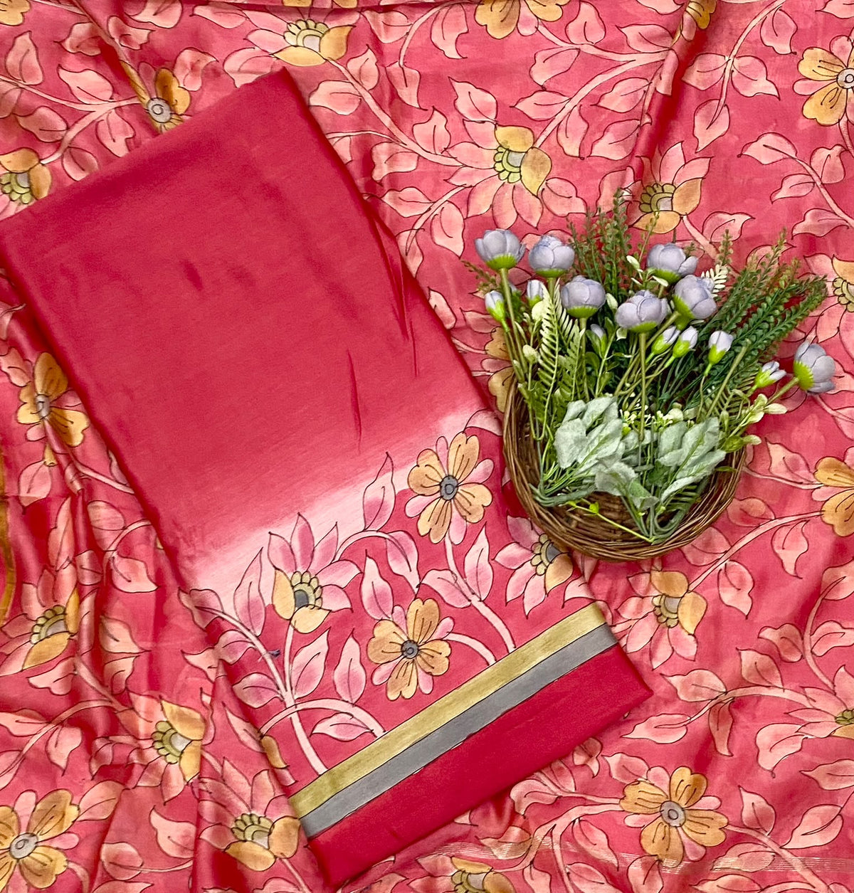 523D Pure Maheshwari Carrot red Suit Fabric / CKC Maheshwari Suits