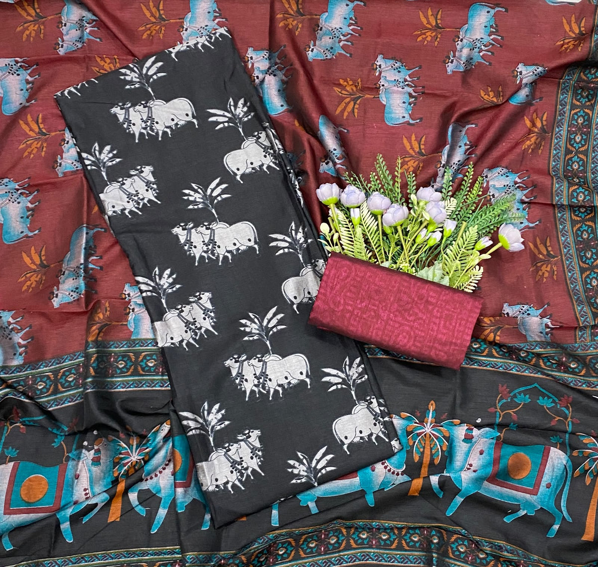 495D Patola Silk Black Suit Fabric / CKC Patola Silk Suit