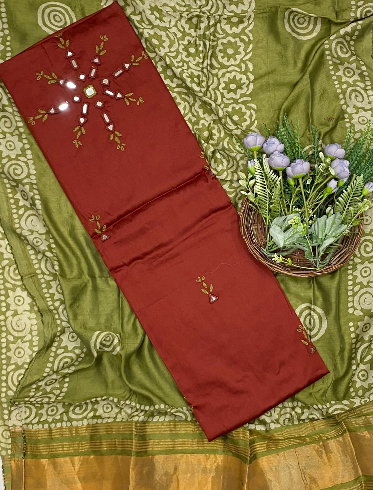 503D Cotton Rust Red With Green Suit Fabric / CKC Cotton Bazaar