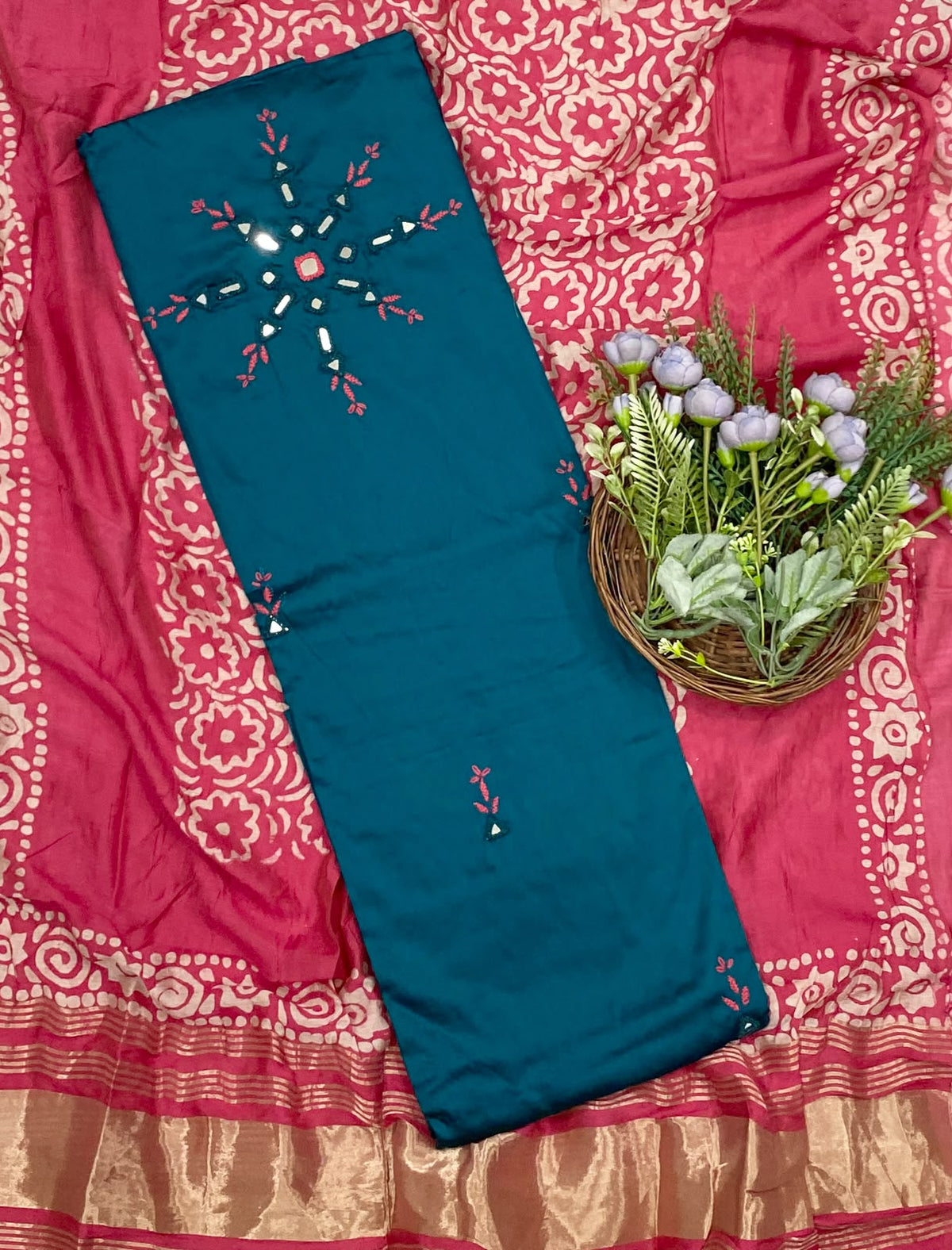 504D Cotton Peacock Blue With Pink  Suit Fabric / CKC Cotton Bazaar
