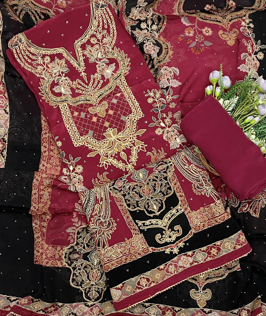569D Crepe Dark Pink With Black Suit Fabric/ CKC Partywear Collection