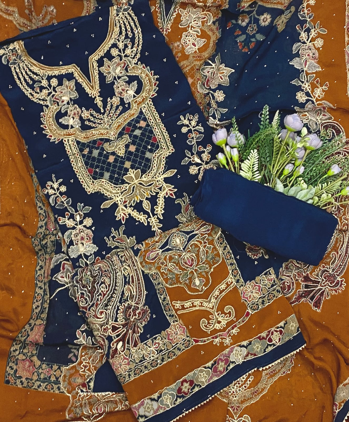 568D Crepe Blue With Mustard Suit Fabric/ CKC Partywear Collection