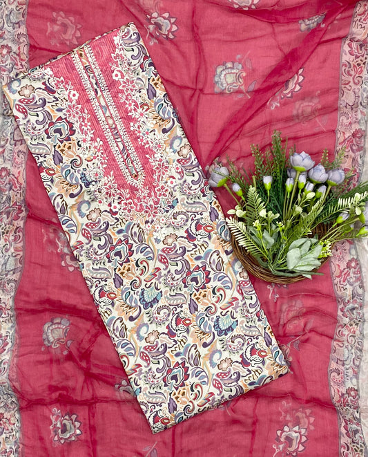 623D Cotton Embroidery Carrot Pink Suit Fabric / CKC Cotton Bazaar