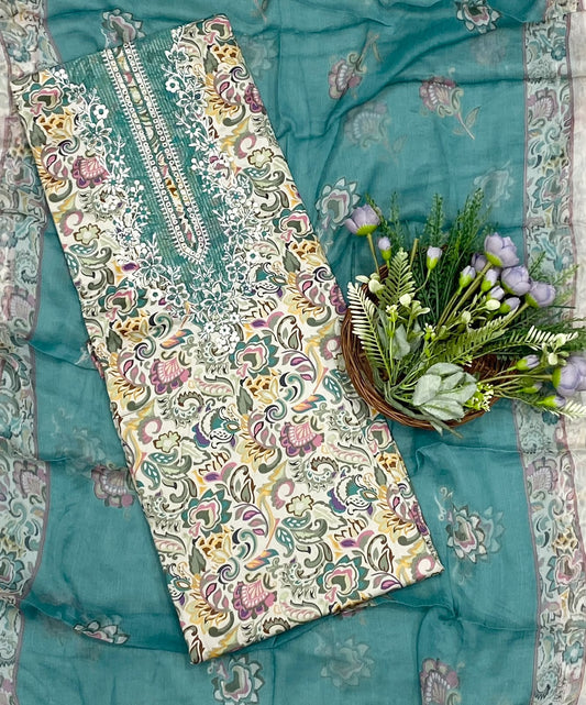 620D Cotton Embroidery Sea Blue Suit Fabric / CKC Cotton Bazaar