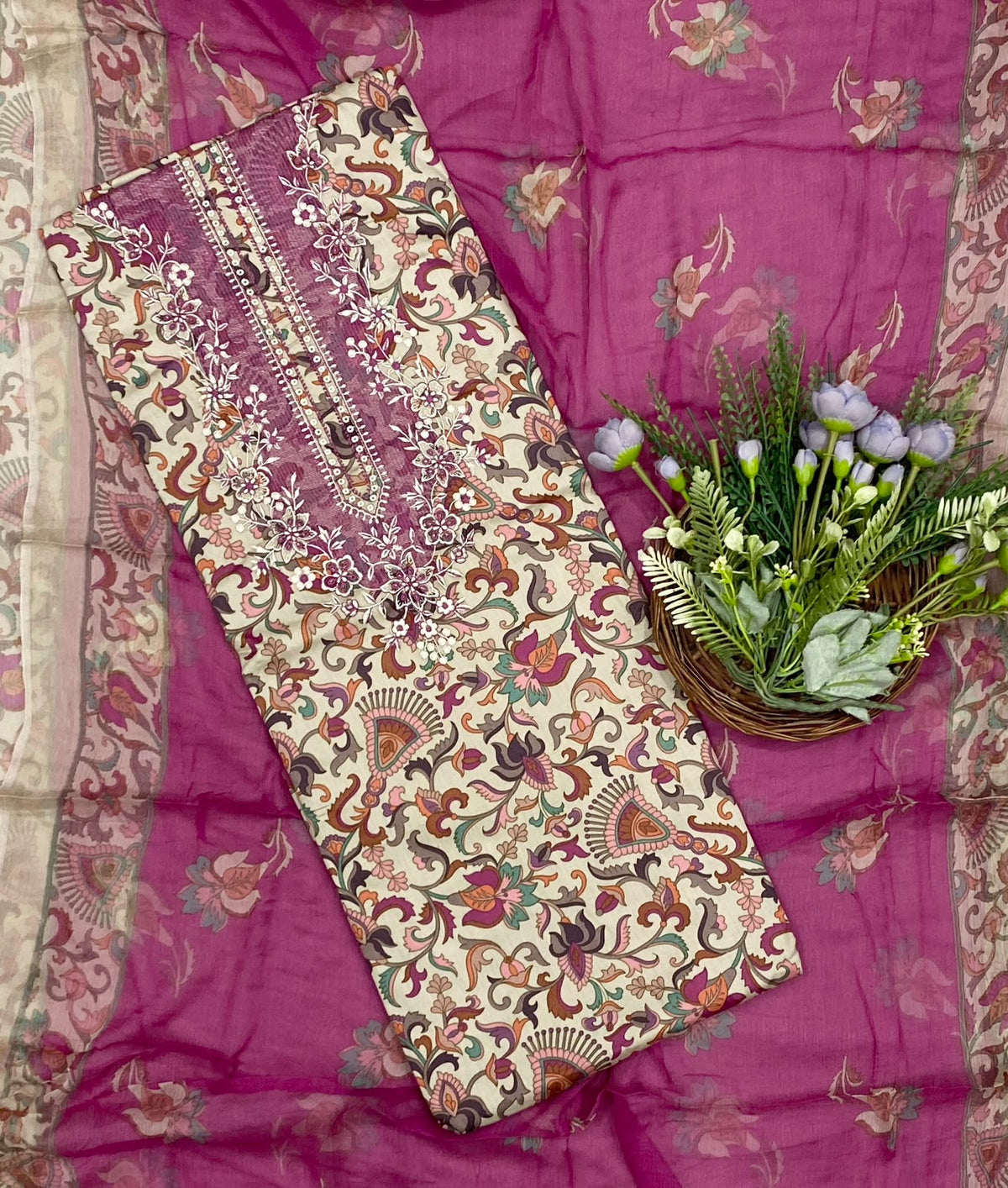 621D Cotton Embroidery Pink Suit Fabric / CKC Cotton Bazaar