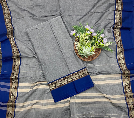 736D Cotton Grey With Royal Blue Suit Fabric / CKC Cotton Bazaar