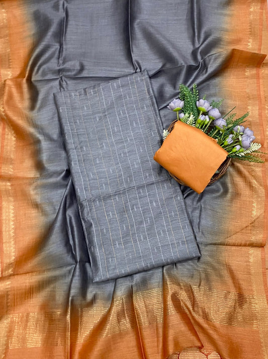 759D Tassar Silk Grey With Orange Suit Fabric / CKC Tassar Suits