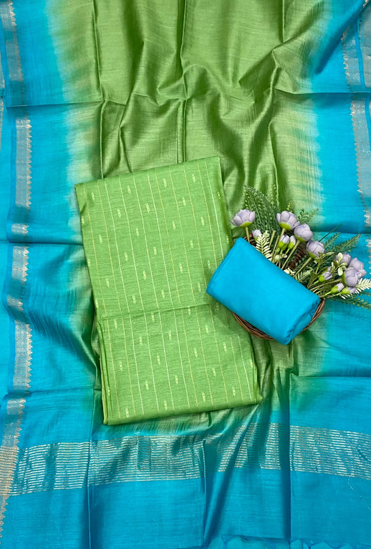 762D Tassar Silk Green With Blue Suit Fabric / CKC Tassar Suits
