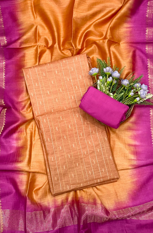761D Tassar Silk Mango Yellow Orange With Magenta Suit Fabric / CKC Tassar Suits