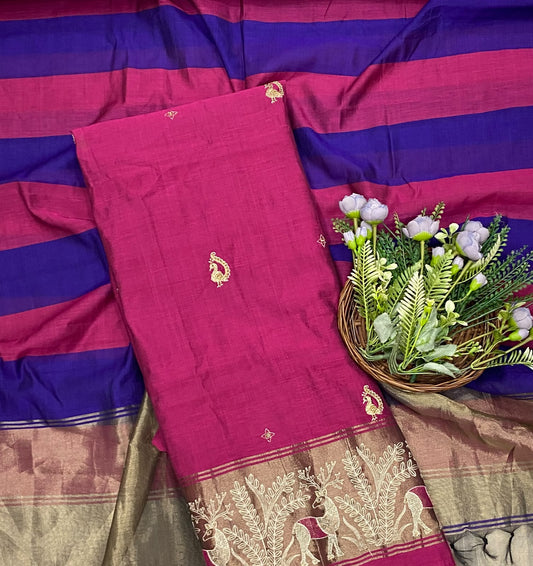 720D Mul Jamdani Magenta suit Fabric / CKC Mul Cotton