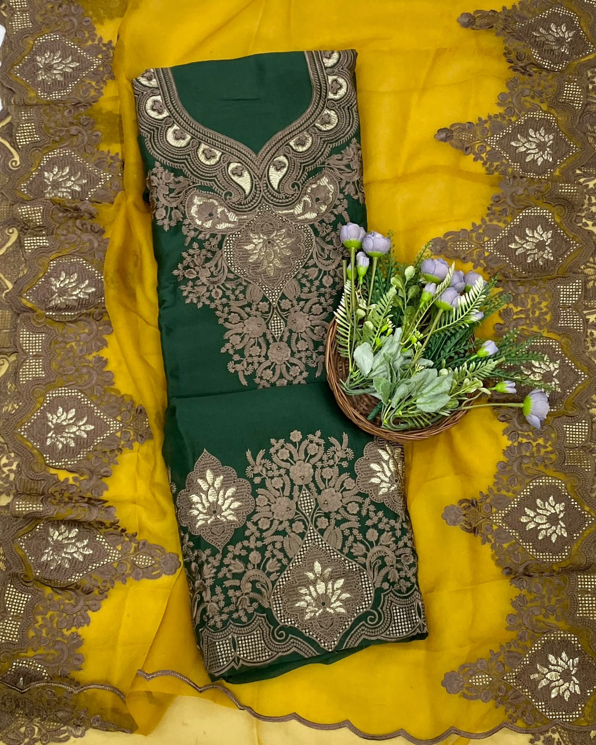 848D Pure Organza Dark Green With Yellow Suit Fabric / CKC Partywear Collection