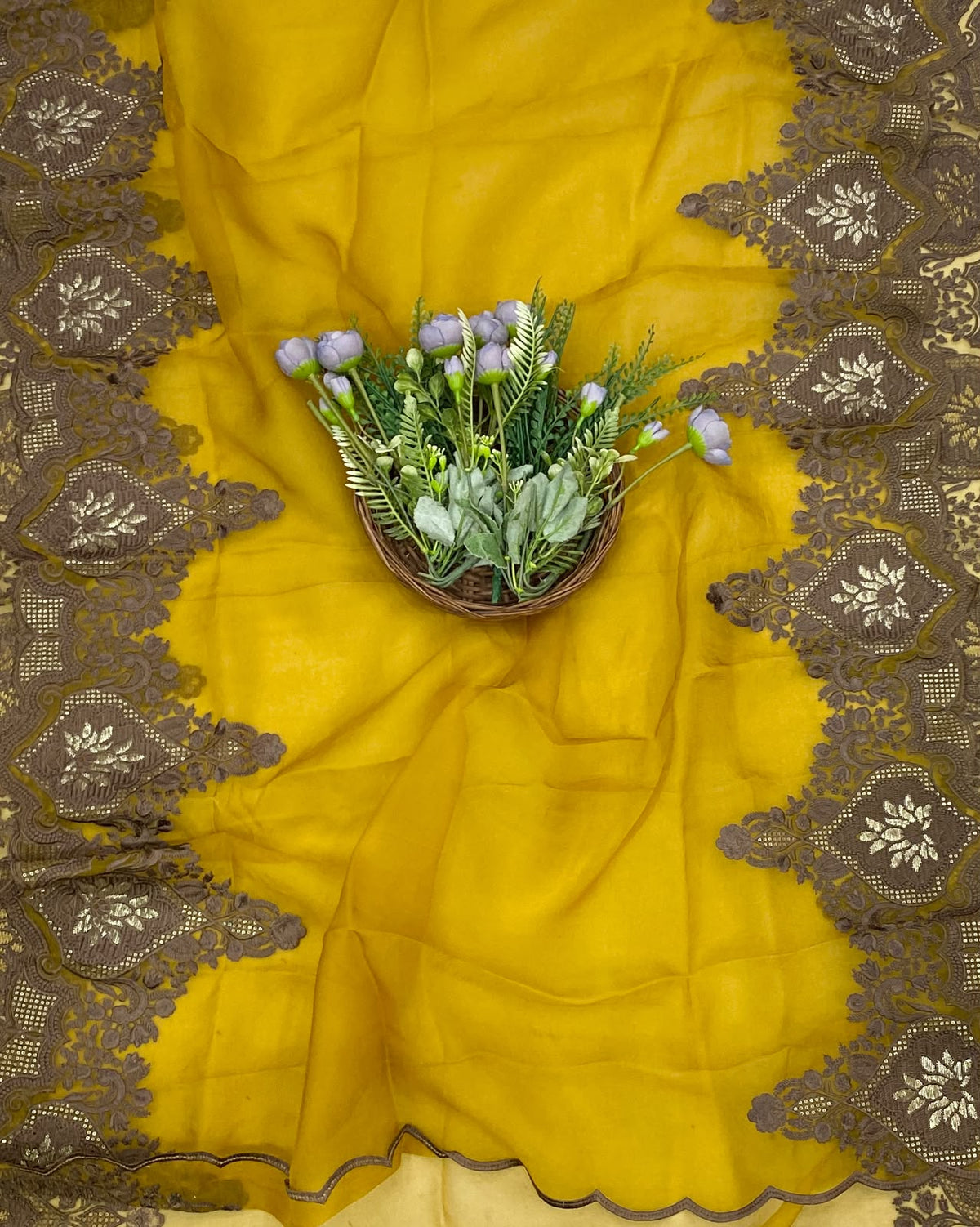 848D Pure Organza Dark Green With Yellow Suit Fabric / CKC Partywear Collection