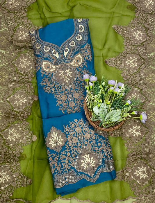 845D Pure Organza Blue With Green Suit Fabric / CKC Partywear Collection