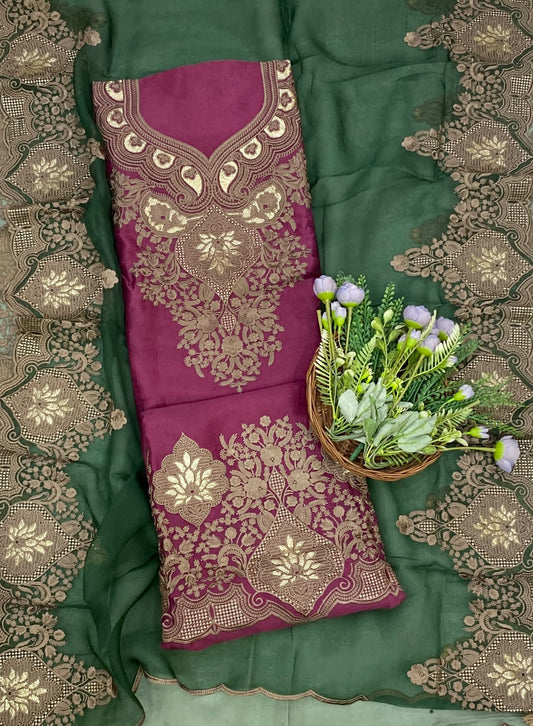 844D Pure Organza Magenta With Green Suit Fabric / CKC Partywear Collection