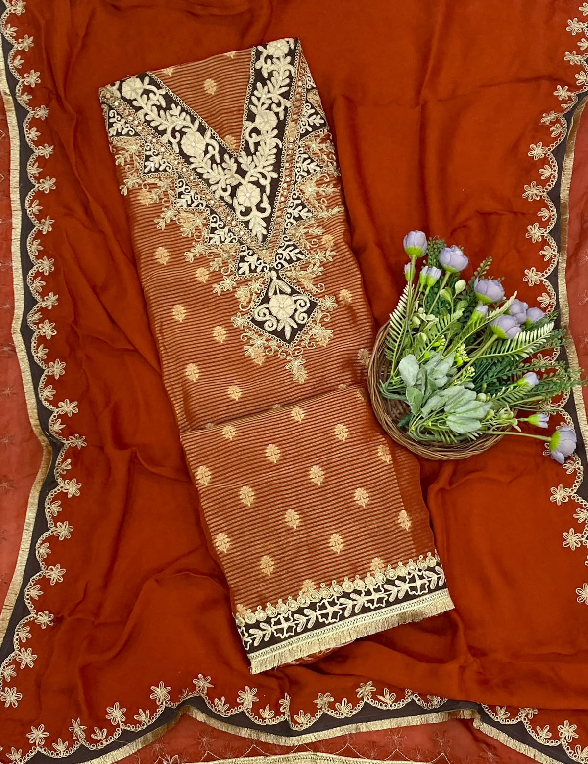 839D Banarasi Slub Tissue Rust Orange Suit Fabric/ CKC Partywear Collection