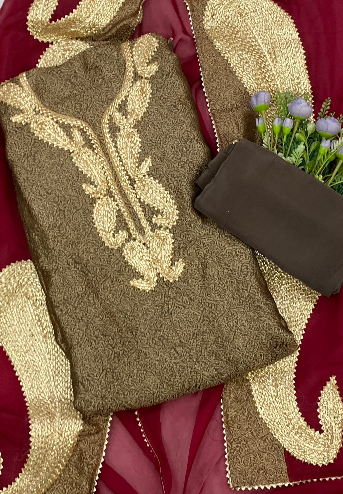 869D Soft Brocade Brown With Dark Red Suit Fabric / CKC Partywear Collection