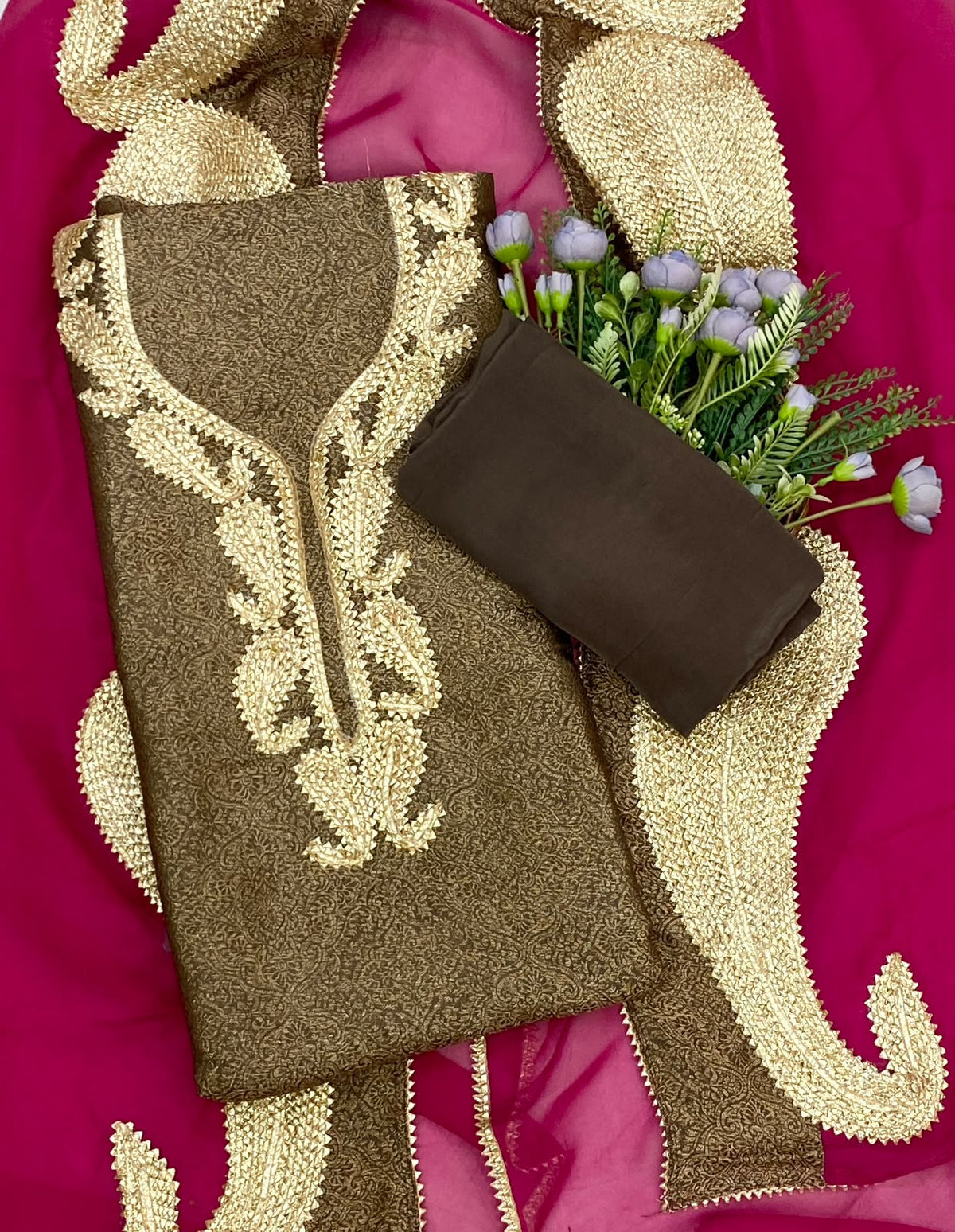 870D Soft Brocade Brown With Magenta  Suit Fabric / CKC Partywear Collection
