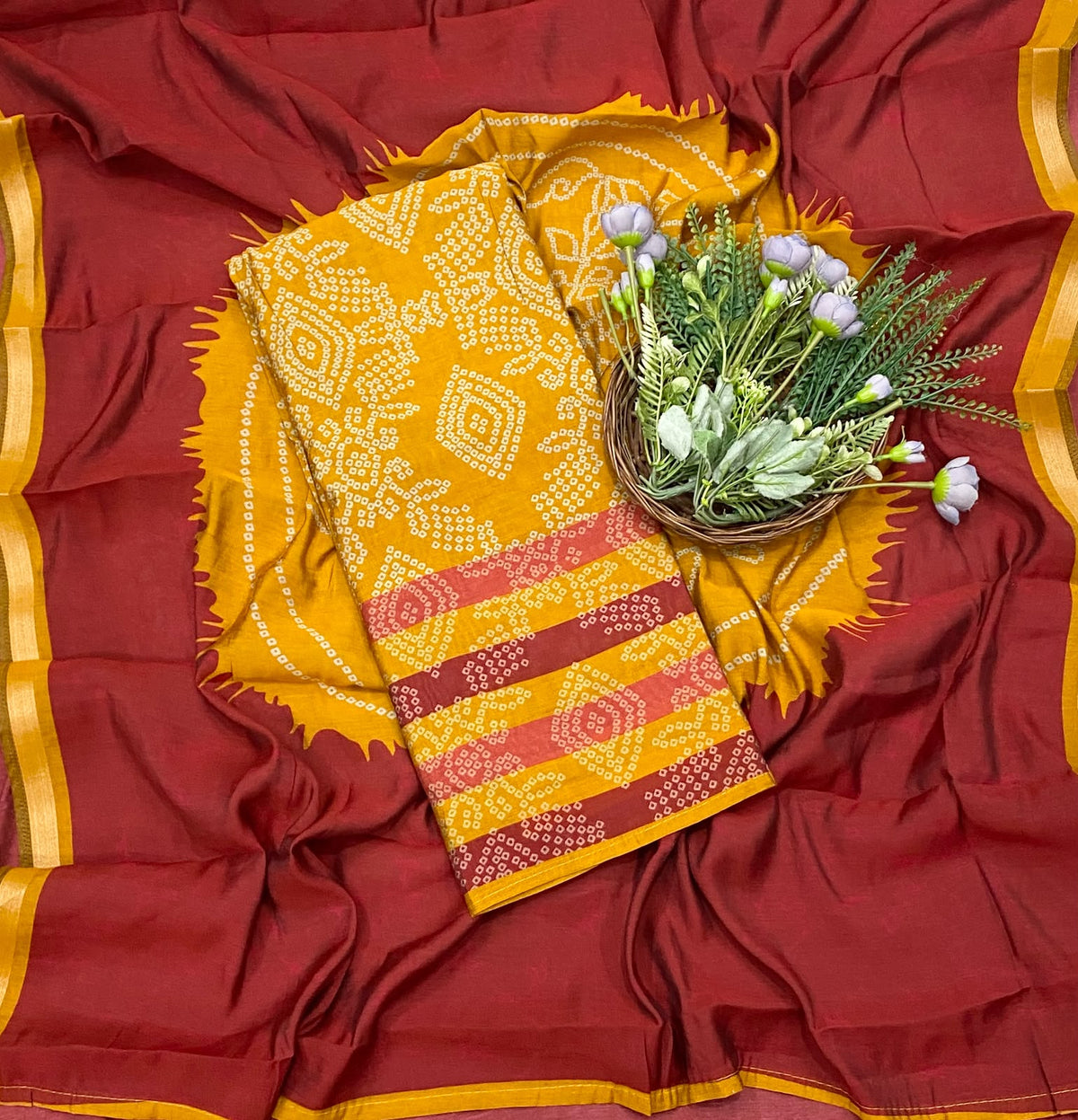 Maheshwari Yellow With Red Suit Fabric / CKC Maheshwari Suits