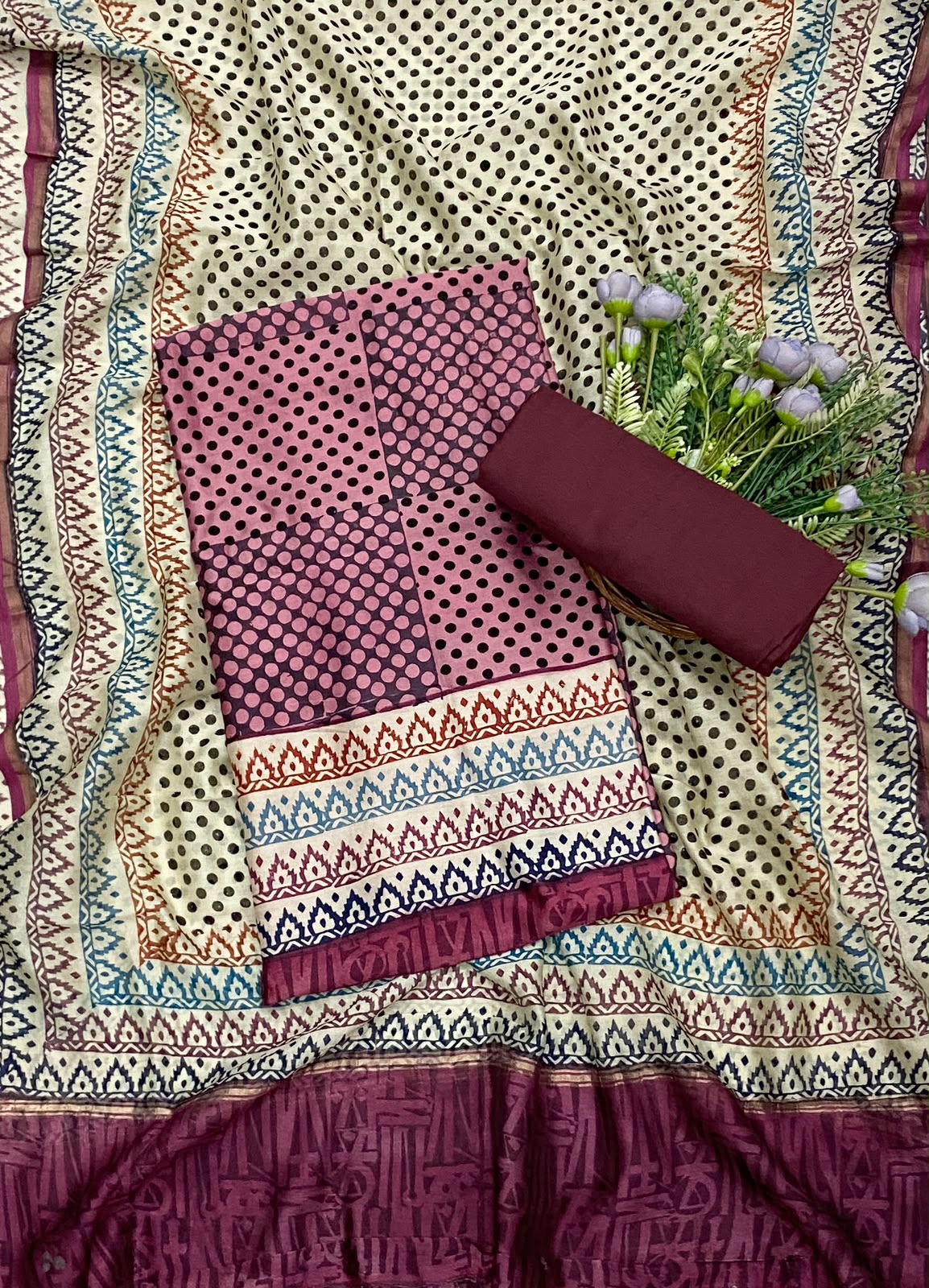 Pure Maheshwari Dark Pink Suit Fabric / CKC Maheshwari Suits