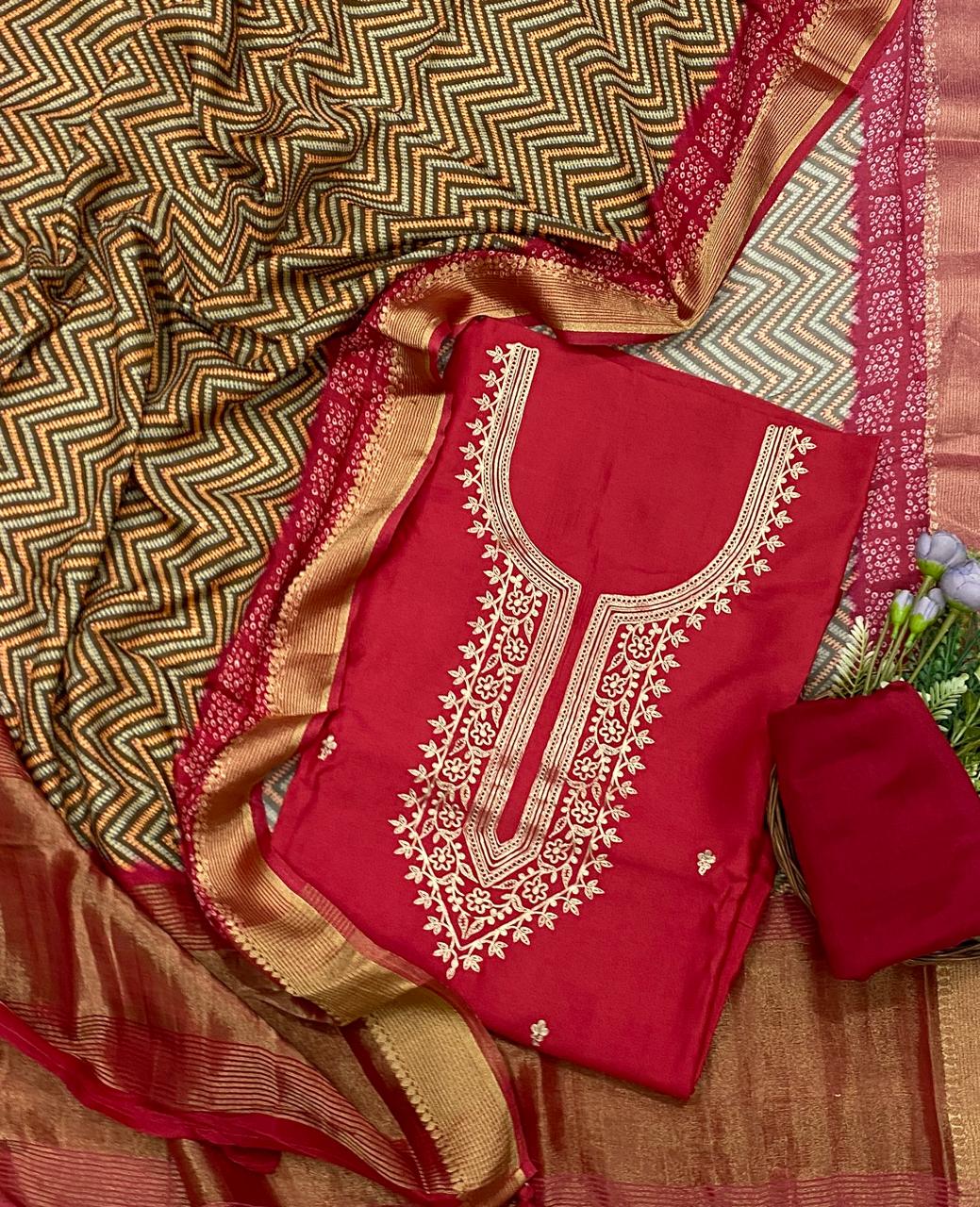 896D SILK RED SUIT FABRIC / CKC BANARASI COLLECTION