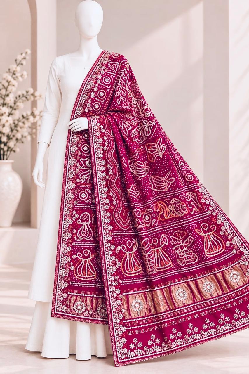 993D Pure Gajji Silk Magenta Dupatta Fabric / CKC Dupatta Collection