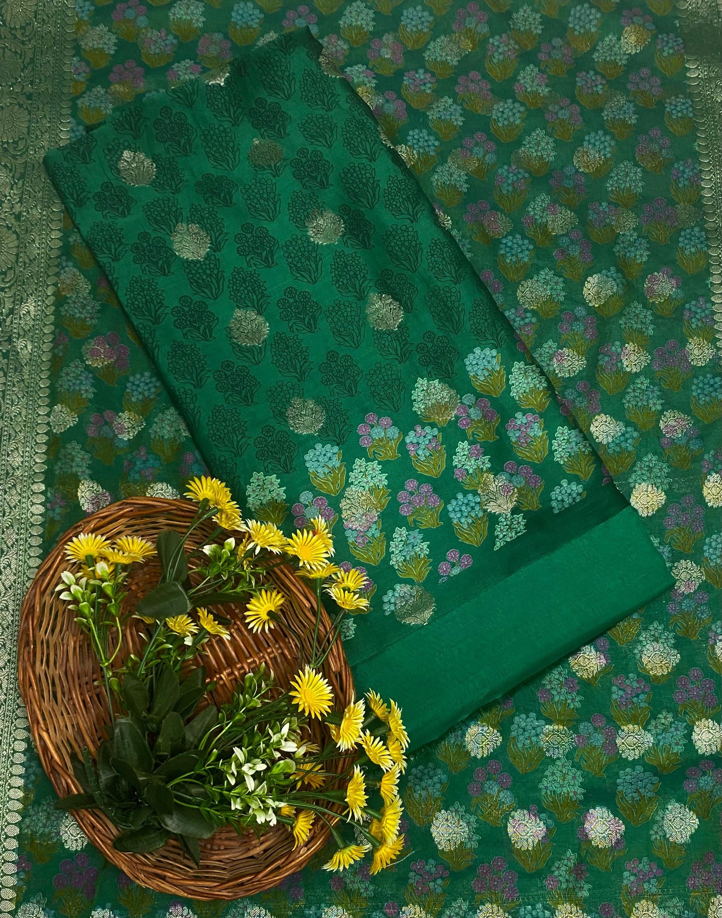 Pure Maheshwari Green Suit Fabric / Festive Vibe
