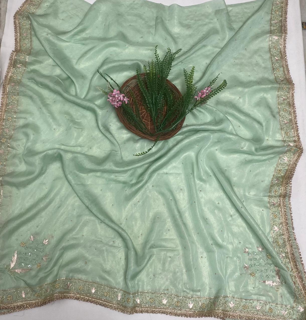 Organza Pista Green Suit Fabric/ Karwachauth Collection