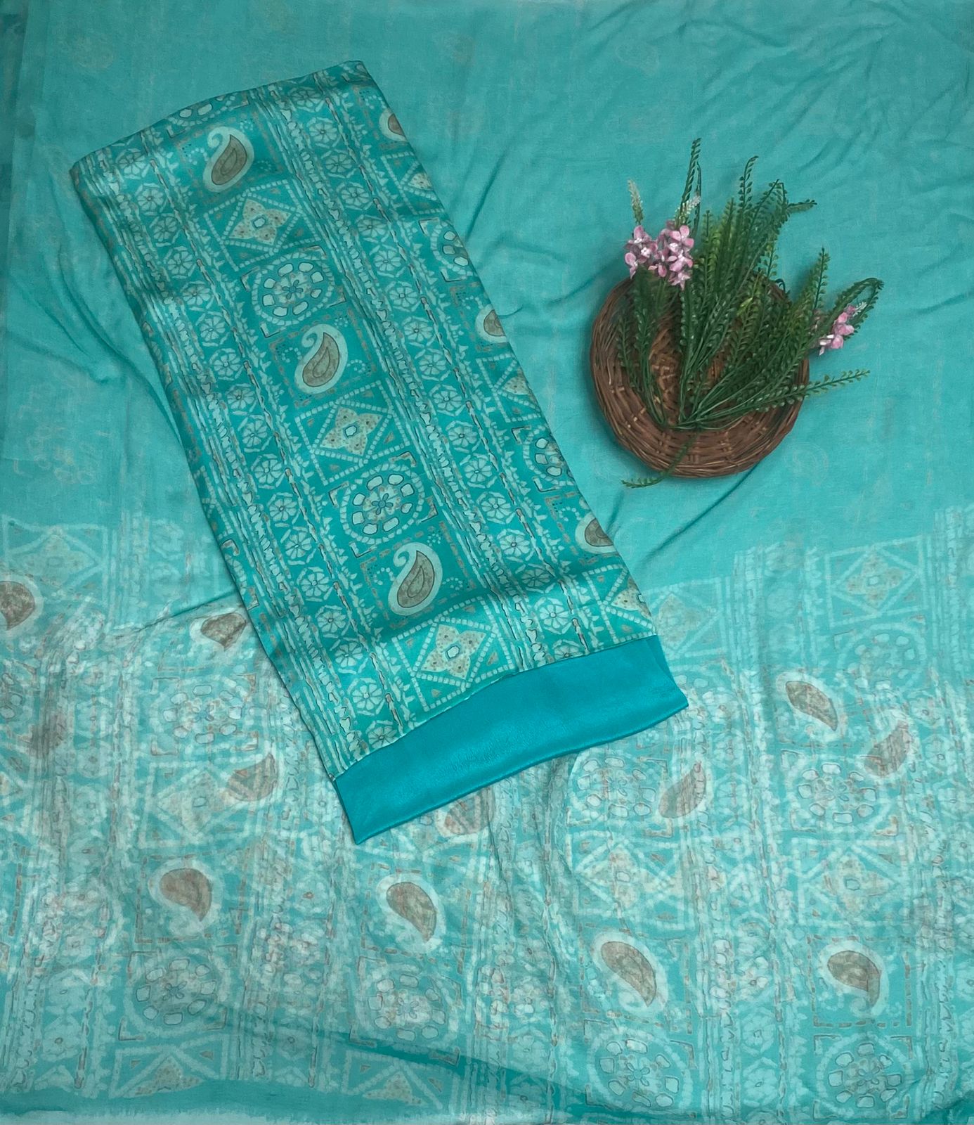 Satin Sea Green Suit Fabric / Phoolon Ka Ghar