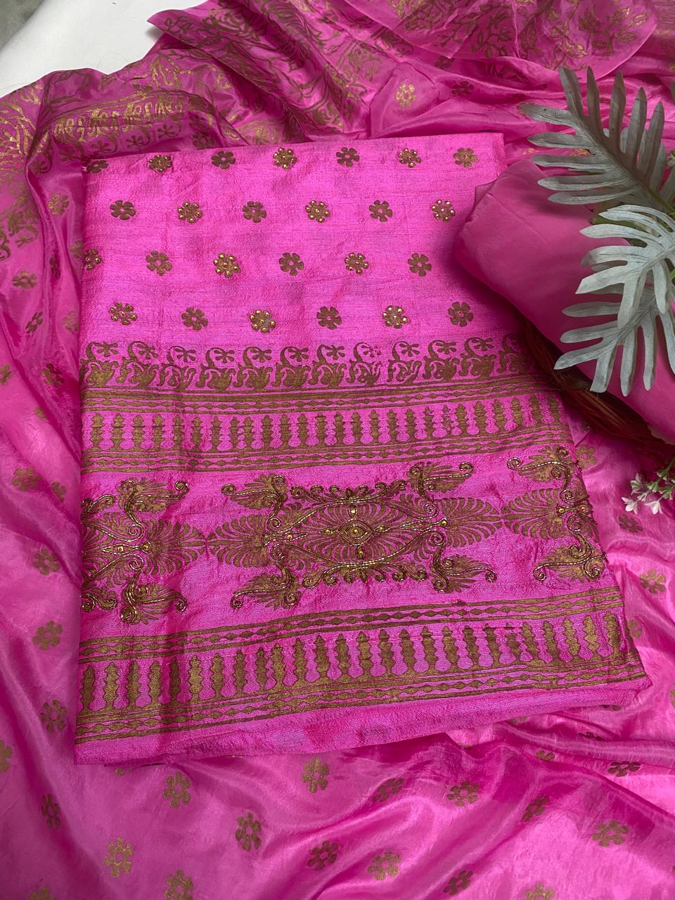 Pure Raw Silk Pink Suit Fabric / Karwachauth Collection