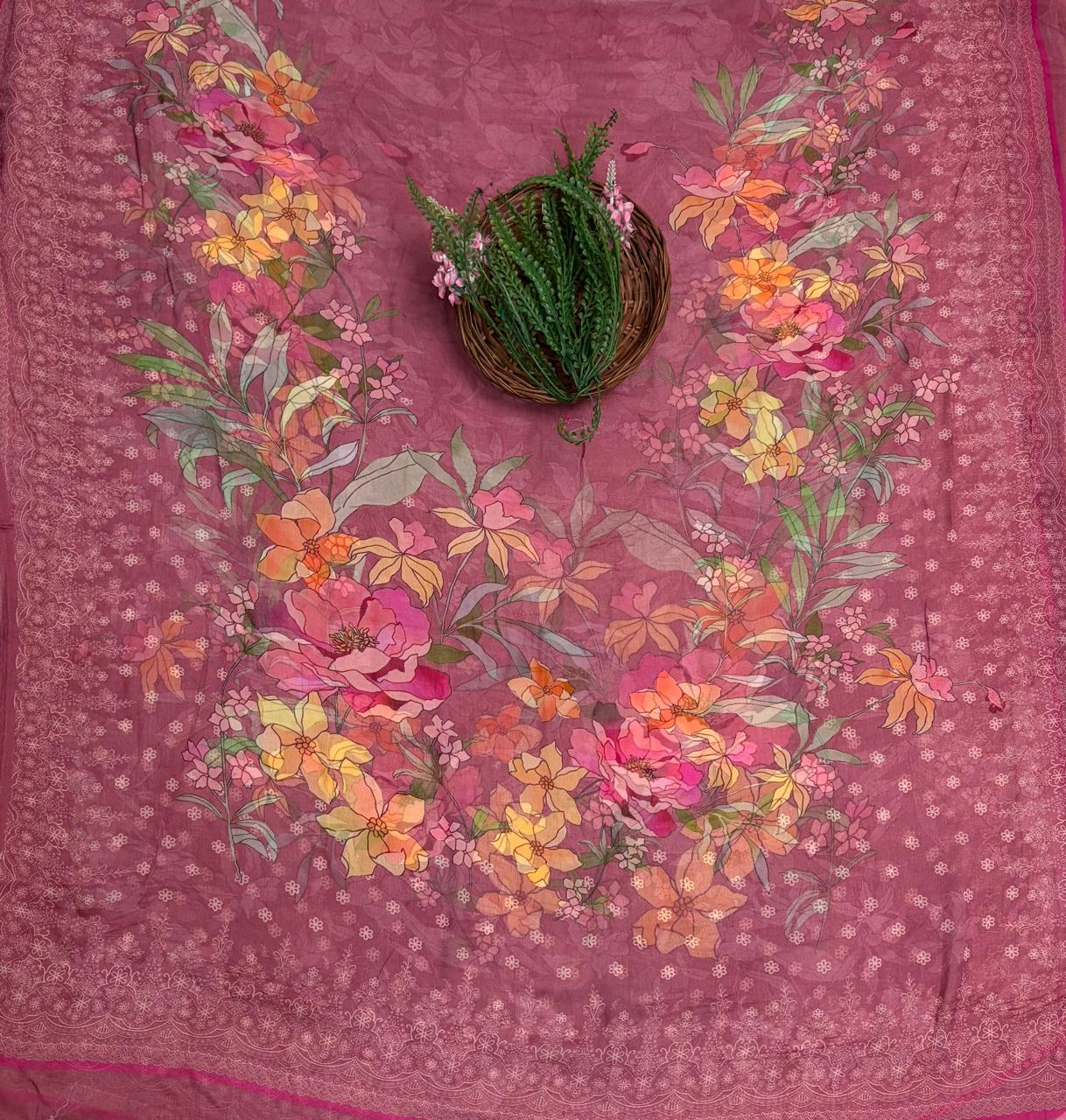 Crepe Burgundy Pink Suit Fabric / Phoolon Ka Ghar