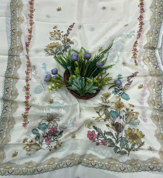 975A Georgette Cream with flowers Suit Fabric / CKC Georgette Suits