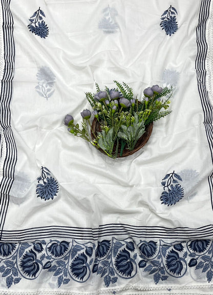 21B Cotton White With Navy Blue Suit Fabric / CKC Cotton Bazaar