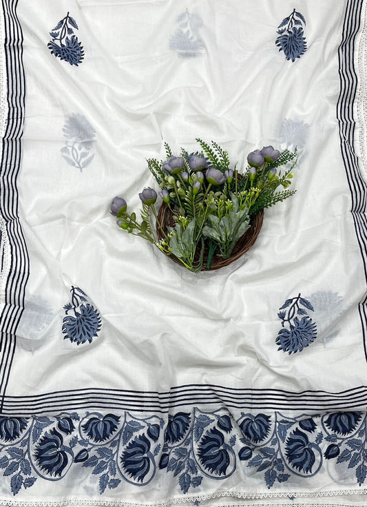21B Cotton White With Navy Blue Suit Fabric / CKC Cotton Bazaar
