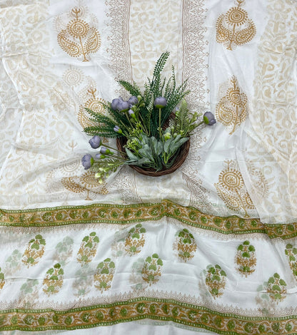 24B Cotton White With Mehndi Green Suit Fabric / CKC Cotton Bazaar
