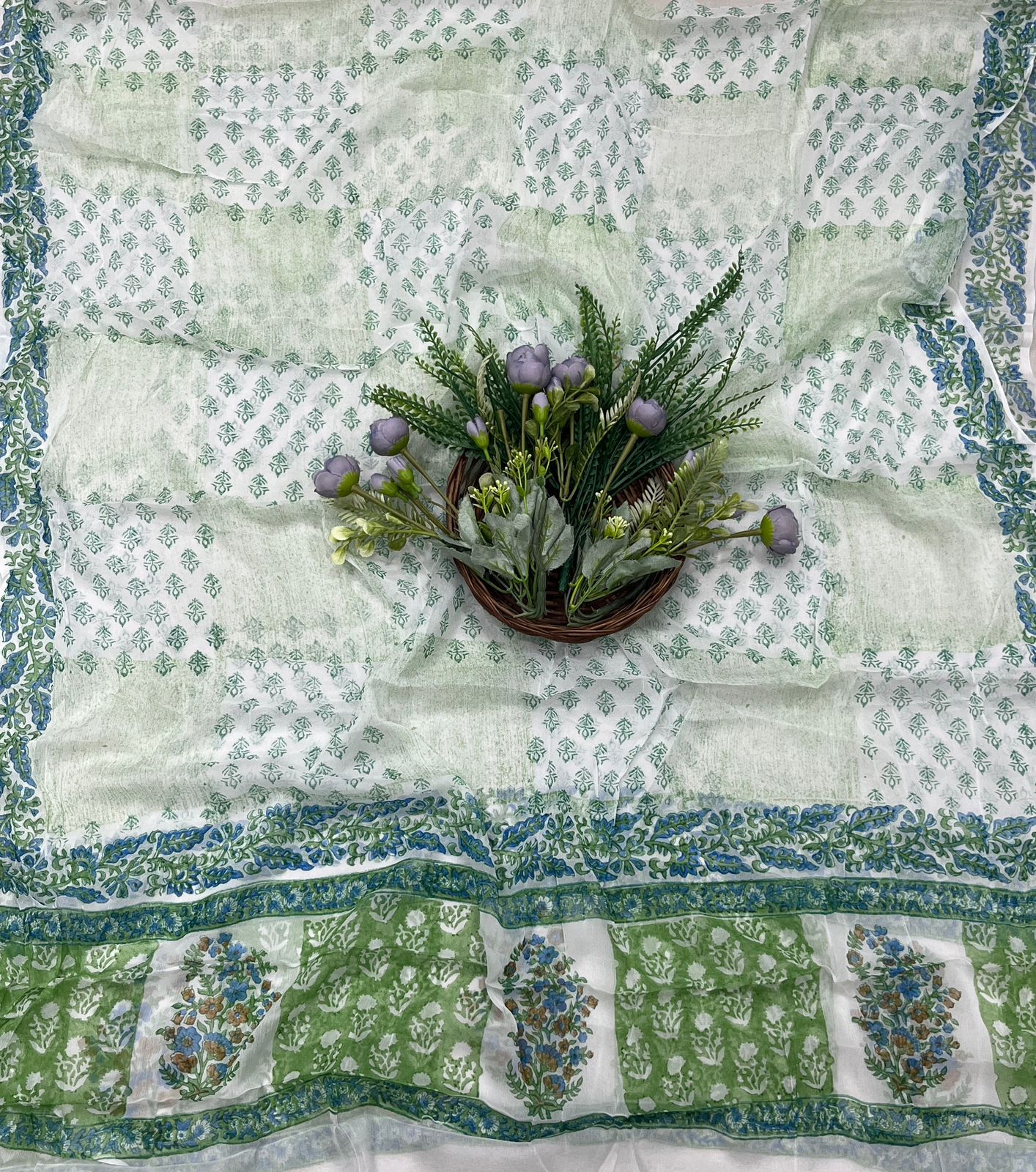 23B Cotton White With Green Color Suit Fabric / CKC Cotton Bazaar