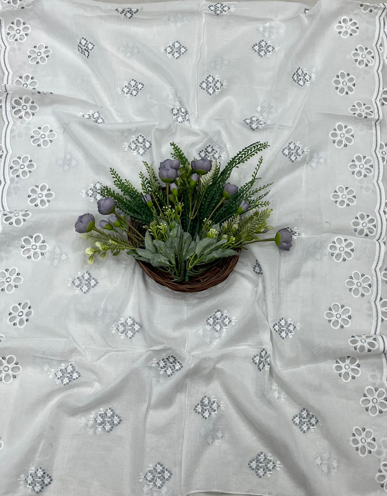 38B Cotton White With Grey Color Suit Fabric / CKC Cotton Bazaar
