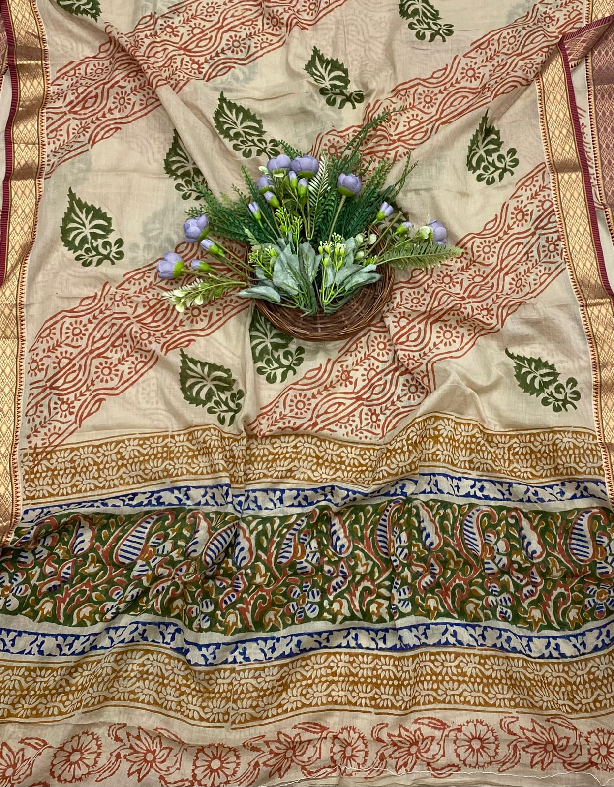 160B Cotton Green With Orange Color Suit Fabric / CKC Cotton Bazaar