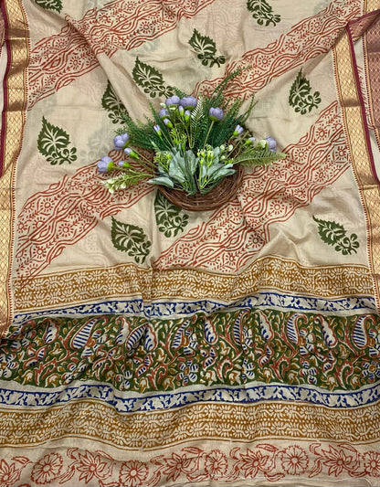 160B Cotton Green With Orange Color Suit Fabric / CKC Cotton Bazaar